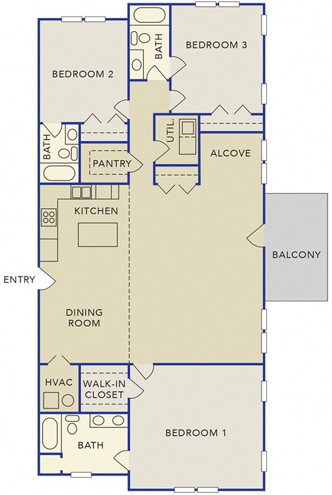 Floor plan for 3 beds, 3 baths, 1872 sqft